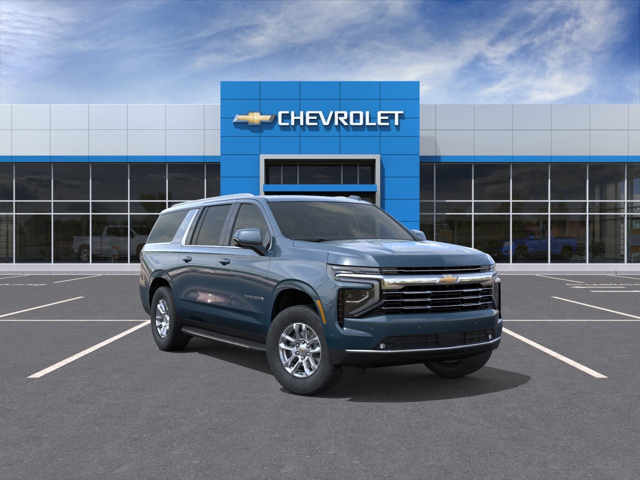 2026 Chevrolet Suburban LT in Lakeshore Blue Metallic — front three-quarter view